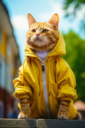 Portrait of an unusual cat in a modern sports suit walking through the streets of the city.の素材