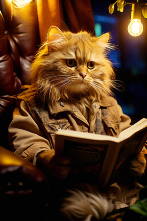 A beautiful domestic cat is reading a book sitting in his armchair in the living roomの素材