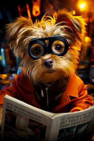 Cute dog with glasses reading the newspaper. learning the news.の素材