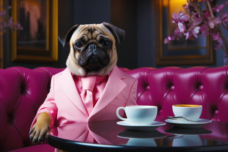 An elegant pug in a modern pink suit drinks coffee in a restaurant or cafe.の素材