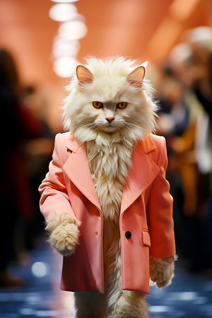 A cat in an elegant pink suit and tie. The concept of modern fashion and style.の素材