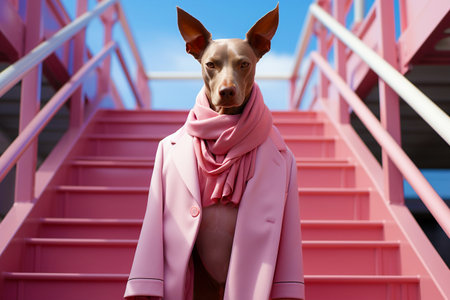 Portrait of a man in a pink modern and fashionable suit with a dog's head. The concept of fashion and styleの素材