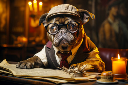 Cute dog with glasses reading the newspaper. learning the news.の素材