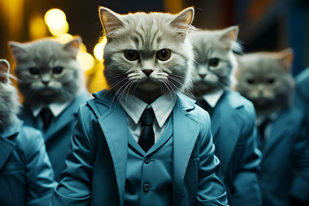 Portrait of an unusual cat in an elegant blue suit walking through the streets of the city.の素材