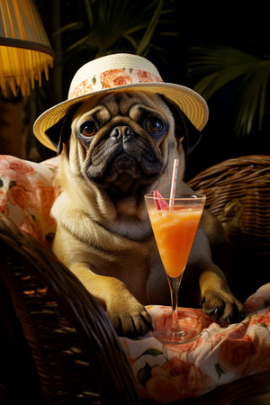 Cute pug on the beach drinking a summer cocktail sitting on a chaise longue by the sea on a sunny day.の素材