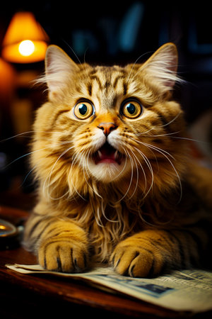 Cute cat is reading a newspaper with his mouth open. Surprise at the information received.の素材