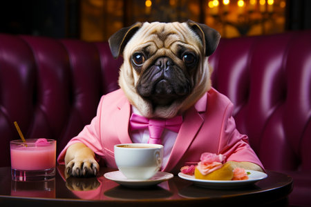 An elegant pug in a modern pink suit drinks coffee in a restaurant or cafe.の素材