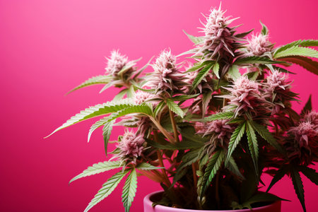 A marijuana plant on a pink background. Bright green cannabis leavesの素材