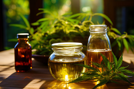 The concept of proper and healthy nutrition. A transparent bottle with cannabis oil on a background of cannabis leaves and seeds on a wooden tableの素材