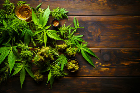 The leaves of the marijuana plant on a wooden background. Top view of cannabis leaves.の素材