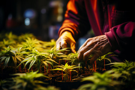 a male worker in a greenhouse takes care of medicinal cannabis bushes. Commercial legal Cannabis Growing business.の素材