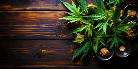 The leaves of the marijuana plant on a wooden background. Top view of cannabis leaves. copyspace. Banner.の素材