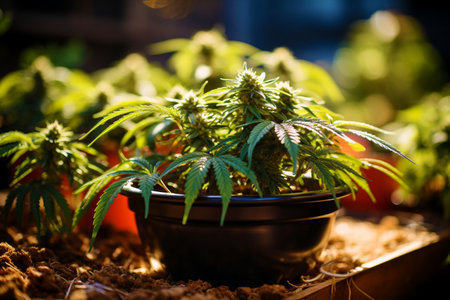 Pots with medicinal cannabis plants in a special greenhouse. Commercial legal Cannabis Growing business.の素材