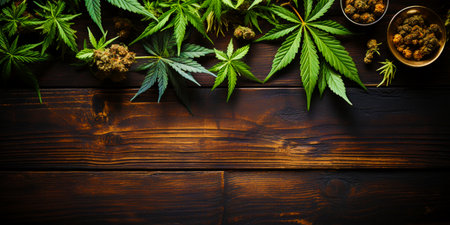 The leaves of the marijuana plant on a wooden background. Top view of cannabis leaves. copyspace. Banner.の素材