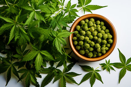 Dried medical marijuana buds in a clay cup on a background of cannabis leaves on a white background.の素材