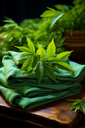 the cannabis fiber fabric is stacked. Hemp threads, yarn and fabric with hemp leaves on a wooden background.の素材