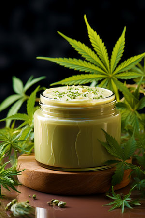 The concept of natural cosmetics. Moisturizing cream with cannabis oil on the background of cannabis leaves and seedsの素材