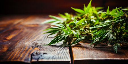 The leaves of the marijuana plant on a wooden background. Side view of cannabis leaves. Space for copying. Bannerの素材