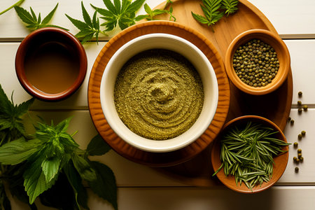 The concept of proper and healthy nutrition. Ground cannabis in the form of seasoning in a clay cup against the background of cannabis leaves on a wooden table. view from above.の素材