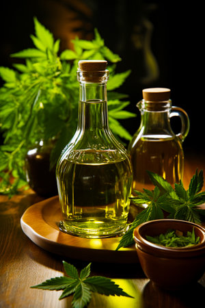 The concept of proper and healthy nutrition. A transparent bottle with cannabis oil on a background of cannabis leaves and seeds on a wooden tableの素材