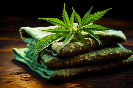 the cannabis fiber fabric is stacked. Hemp threads, yarn and fabric with hemp leaves on a wooden background.の素材