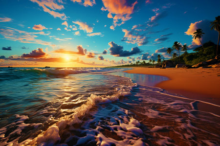 Warm summer sea or ocean on the background of a tropical landscape. The concept of rest and relaxation.の素材