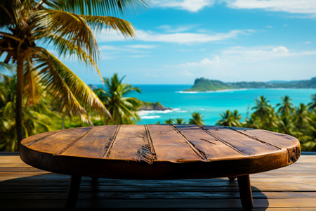 A table for the demonstration and advertising of goods against the background of a tropical summer landscape.の素材