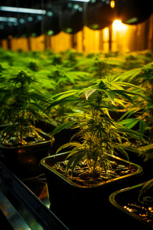 Pots with medicinal cannabis plants in a special greenhouse. Commercial legal Cannabis Growing business.の素材