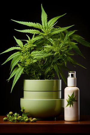 The concept of natural cosmetics. Moisturizing cream with cannabis oil on the background of cannabis leaves and seedsの素材