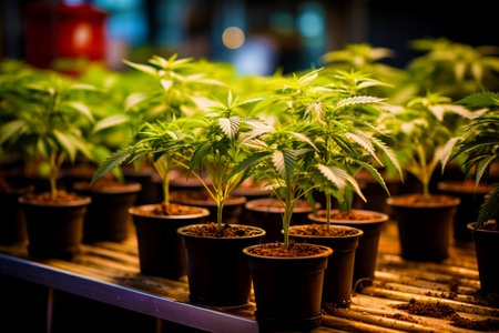 Pots with medicinal cannabis plants in a special greenhouse. Commercial legal Cannabis Growing business.の素材