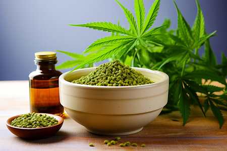 The concept of proper and healthy nutrition. Ground cannabis in the form of seasoning in a clay cup against the background of cannabis leaves and seeds on a wooden table.の素材