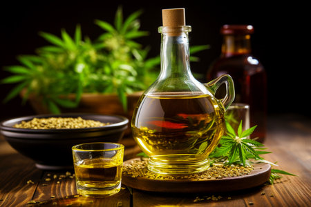 The concept of proper and healthy nutrition. Transparent bottle with cannabis oil on the background of cannabis leaves and seedsの素材