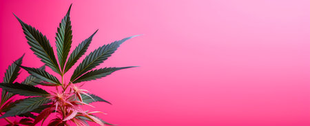 A marijuana plant on a pink background. Bright green cannabis leaves. copyspace. Banner.の素材