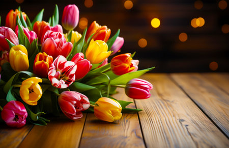A beautiful and bright bouquet of spring tulips on a wooden background. The concept of a holiday and congratulations.の素材