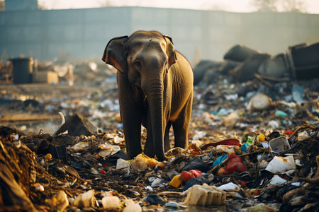 A hungry elephant in search of food in a garbage dump. The problem of ecology and the environmentの素材