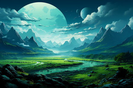 beautiful night landscape. Big moon on the background of a mountain river.の素材