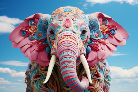 A beautiful elephant in bright colors against a background of blue sky and white clouds.の素材
