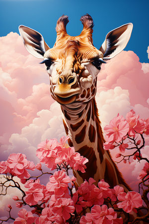 Cute giraffe on a background of pink clouds, blue sky and bright flowering trees.の素材