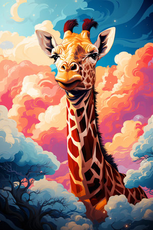 Cute giraffe on a background of pink clouds, blue sky and bright flowering trees.の素材