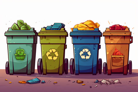 Collection of waste bins full of different types of garbage, recycling and separate waste collection conceptの素材