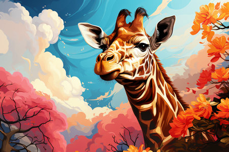 Cute giraffe on the background of a tropical landscape, pink clouds and blue sky.の素材