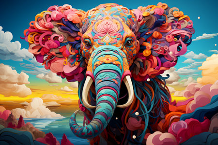 A beautiful elephant in bright colors against a background of blue sky and white clouds.の素材