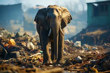 A hungry elephant in search of food in a garbage dump. The problem of ecology and the environmentの素材