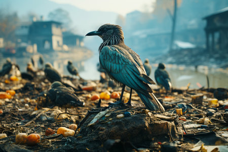 A poor and hungry bird in a garbage dump. The problem of ecology and the environmentの素材