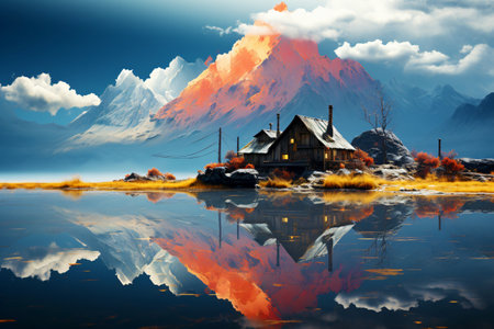 Beautiful mountains and a lake on the background of a colorful and bright sunsetの素材