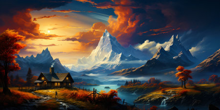 Beautiful mountains and a lake on the background of a colorful and bright sunsetの素材