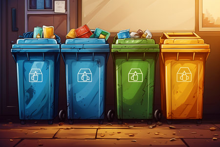 Collection of a garbage can full of various types of garbage, the concept of recycling and separate waste collection.の素材