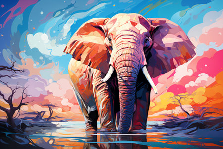 A beautiful elephant in bright colors against a background of blue sky and white clouds.の素材