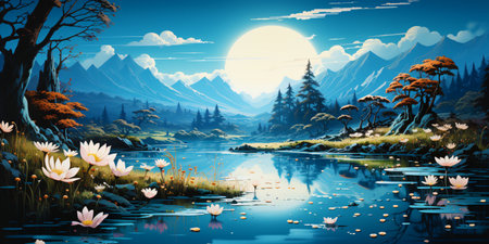 beautiful night landscape. Big moon on the background of a mountain river.の素材