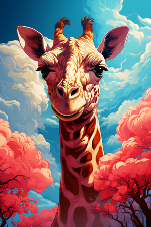 Cute giraffe on the background of a tropical landscape, pink clouds and blue sky.の素材